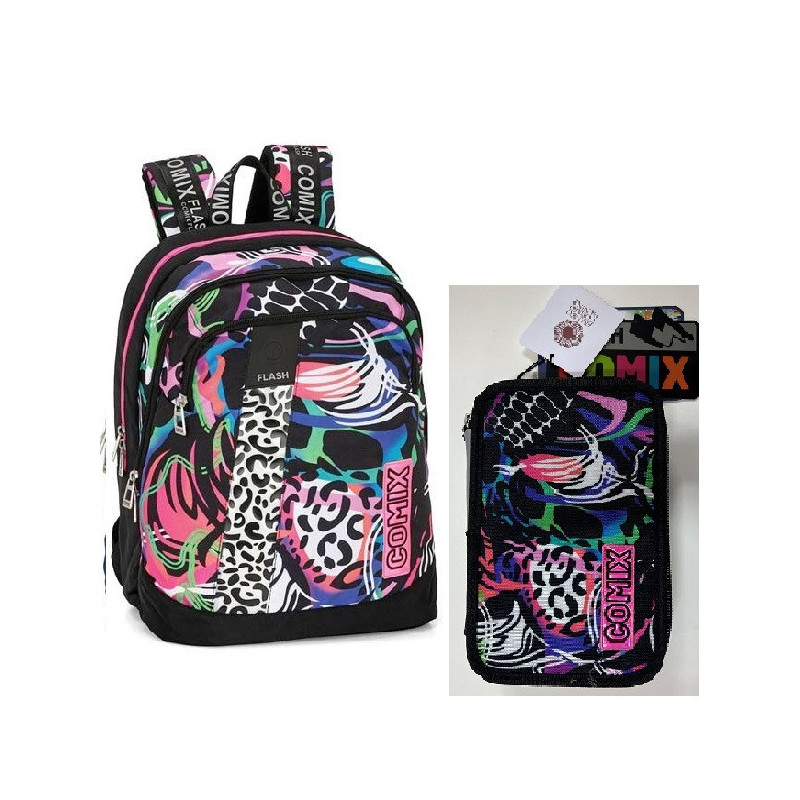 OFFERTA Kit Zaino + astuccio 3 zip Comix flash poppy