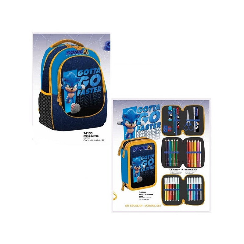 OFFERTA Kit Zaino + astuccio 3 zip Sonic
